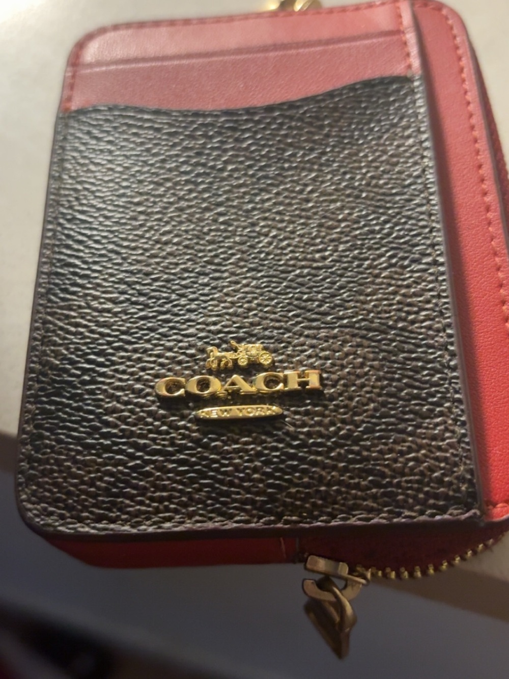 Coach Black Pebbled Leather Card Case with Red Trim